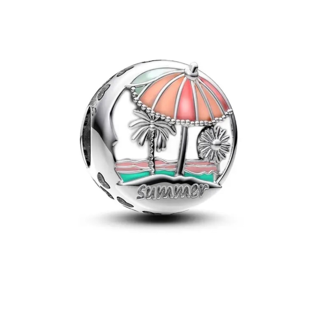 925 Sterling Silver Charm w/“Summer”engraved Under the Palm Tree & Umbrella - Picture 5 of 10